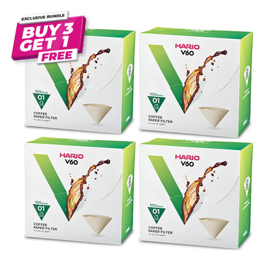 Buy 3 Get 1 FREE: Hario V60 Coffee Filter Papers Size 01 - Brown - (100 Pack Boxed)