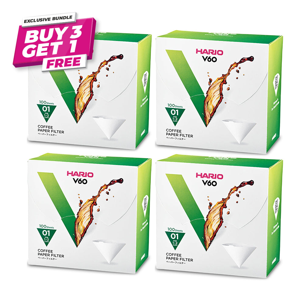 Buy 3 Get 1 FREE: Hario V60 Coffee Filter Papers Size 01 - White - (100 Pack Boxed)