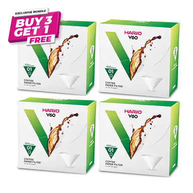 Buy 3 Get 1 FREE: Hario V60 Coffee Filter Papers Size 01 - White - (100 Pack Boxed)