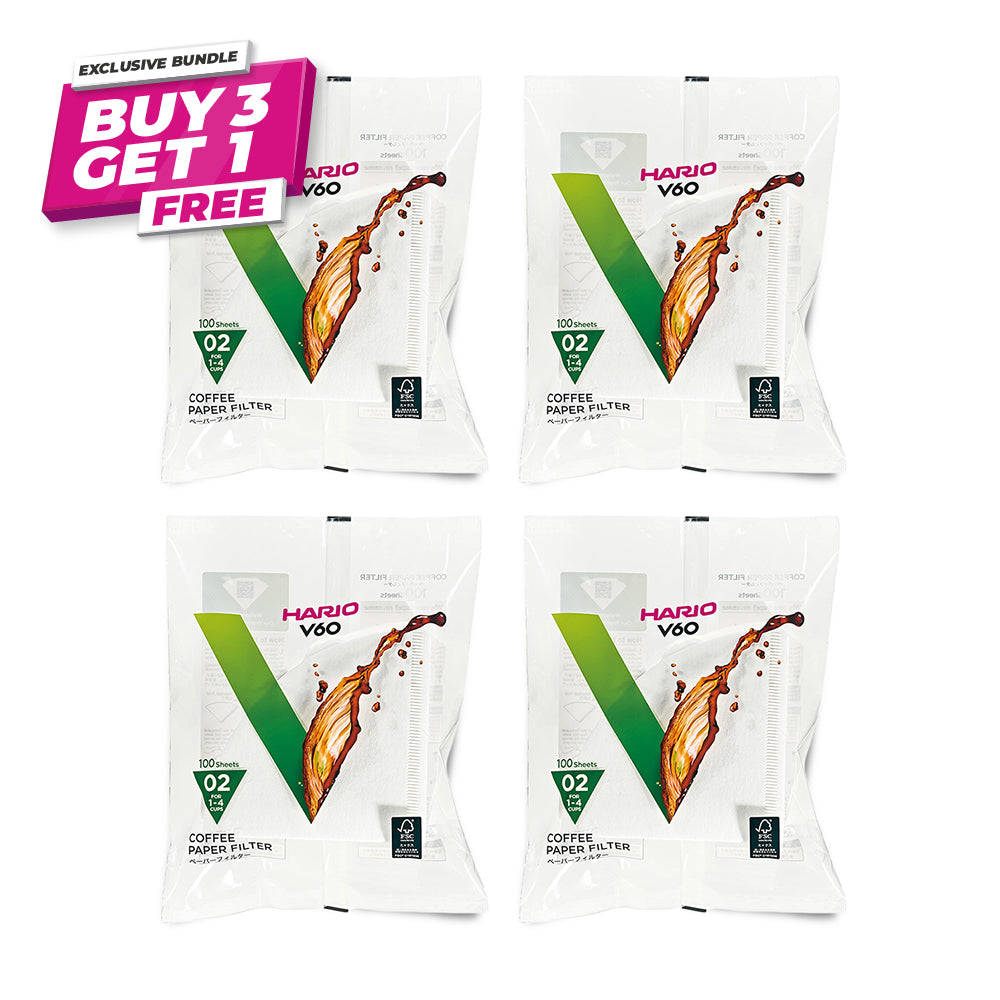 Buy 3 Get 1 FREE: Hario V60 Coffee Filter Papers Size 02 - White (100 Pack Bag)