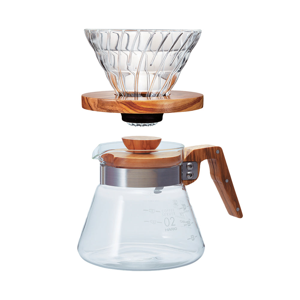 Hario Olive Wood Glass Bundle 02 V60 Dripper 02 Olive Wood Server — Hario Uk 5672